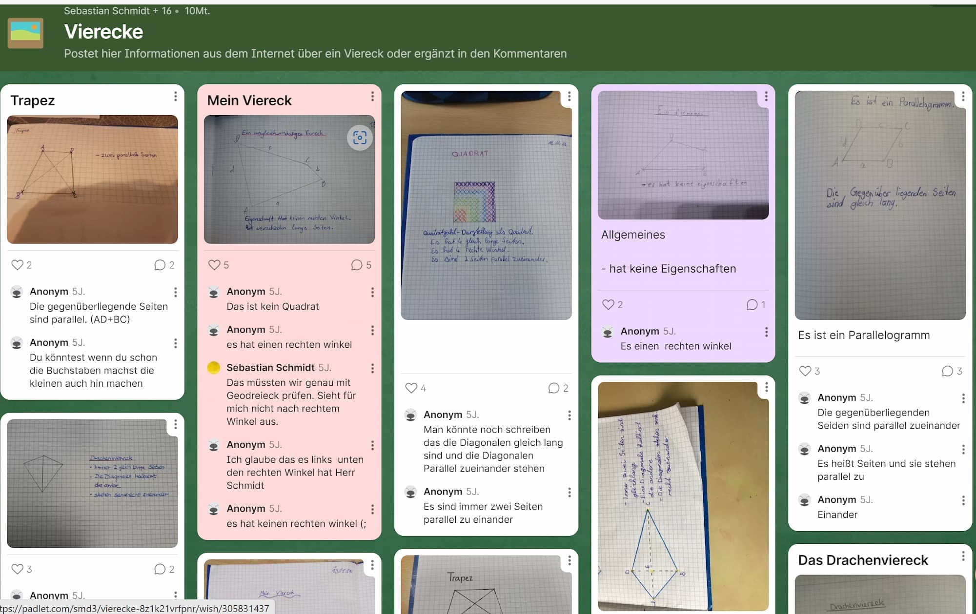 Die Ergebnisse der Schüler:innen zur “Viereck-Suche”.