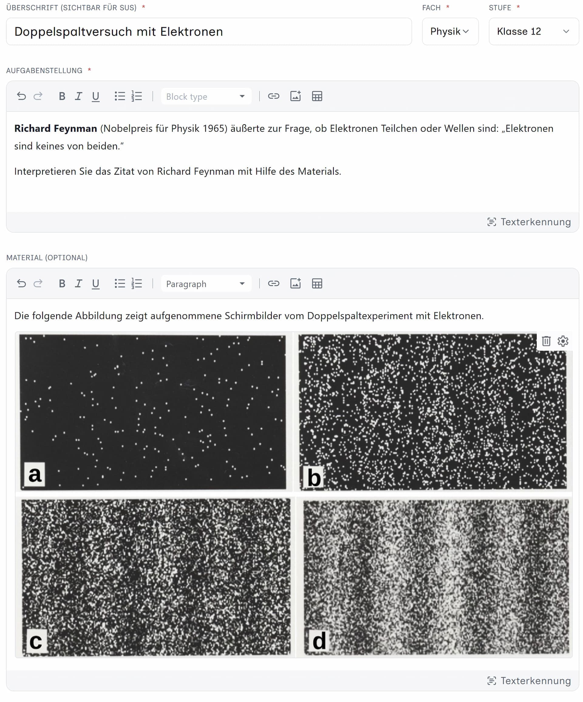 Abbildung 1: Dopplerspaltversuch mit Elektronen (Die im Materialfenster verwendete Abbildung ist unter der Creative-Commons-Lizenz „Namensnennung – Weitergabe unter gleichen Bedingungen 3.0 nicht portiert“ lizenziert. Urheber Dr. Tonomura and Belsazar, https://de.m.wikipedia.org/wiki/Datei:Double-slit_experiment_results_Tanamura_four.jpg)